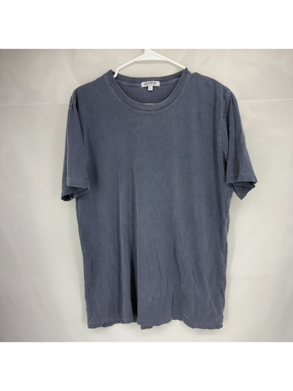 GUSTIN Men L Short Sleeve T Shirt Solid Gray Crew Neck 100% Cotton Casual Top